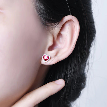 Sterling Silver Heart Ruby Stud Earrings