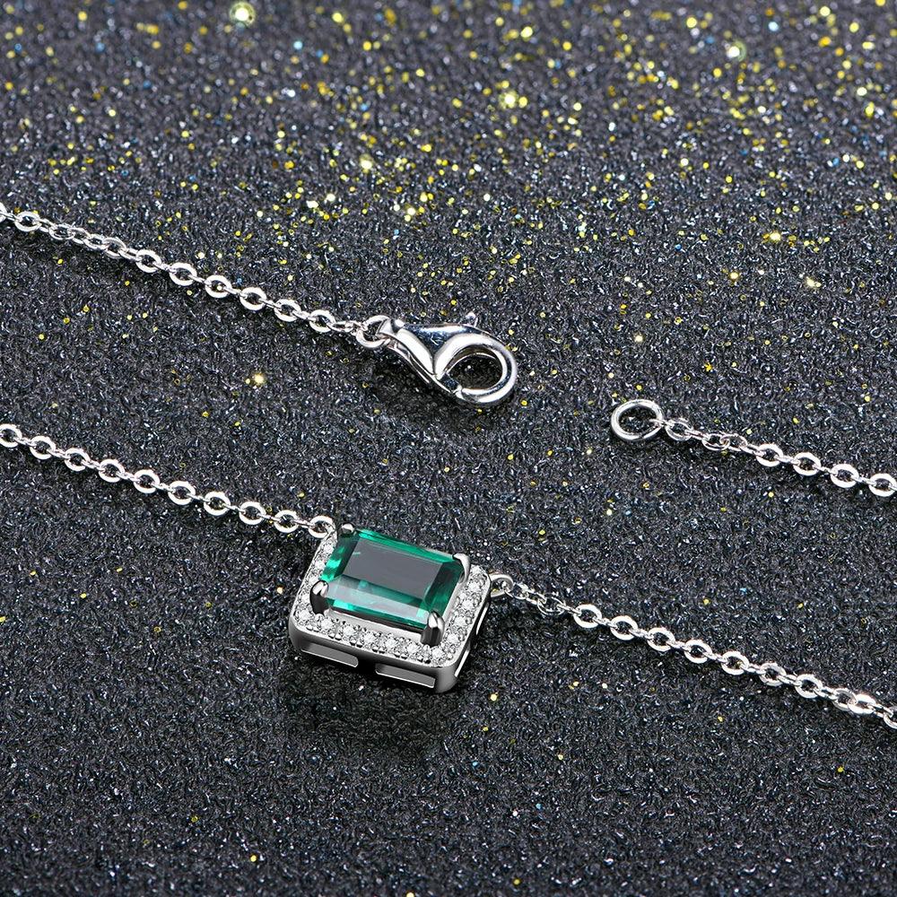 Sterling Silver Emerald-Cut Emerald & Moissanite Pendant Necklace