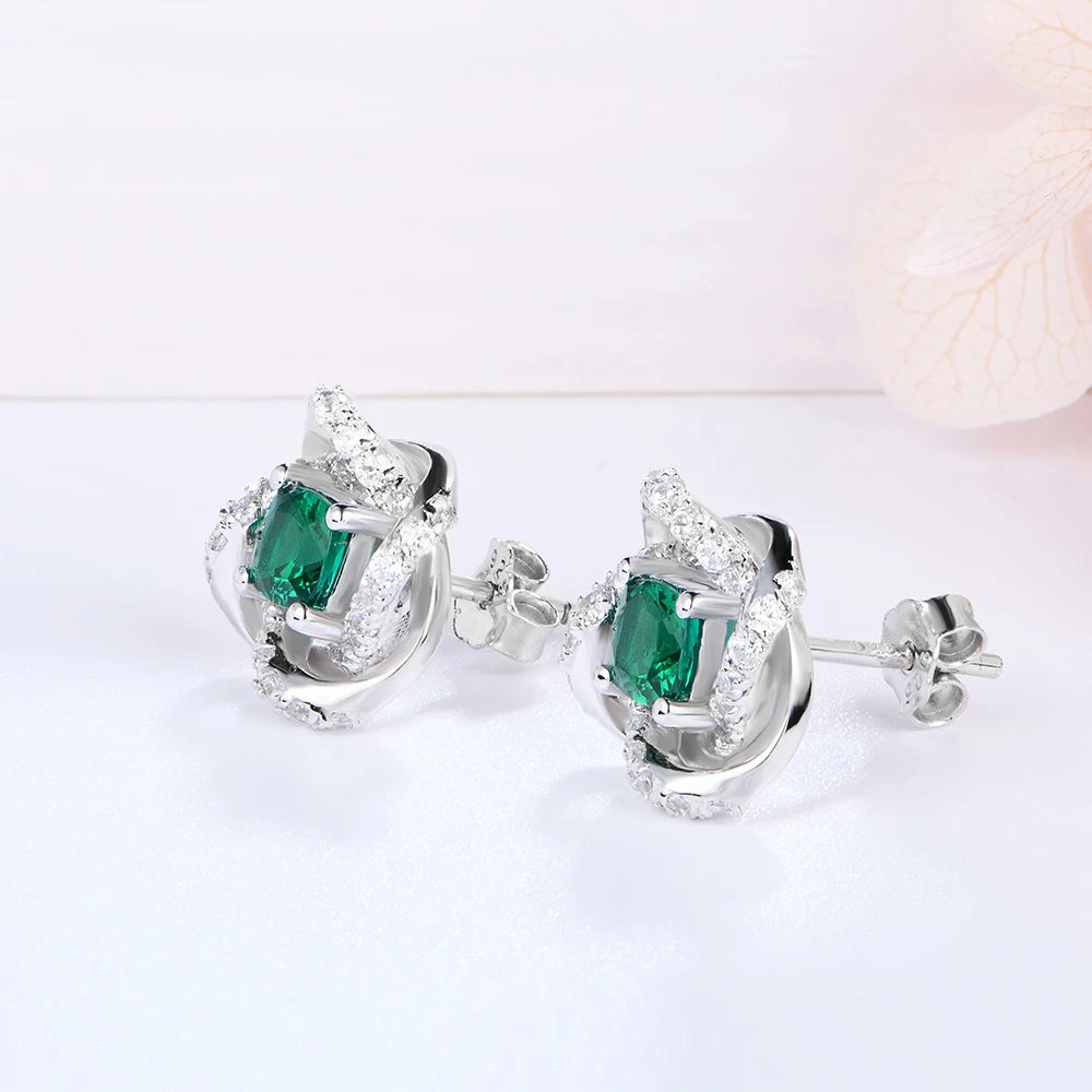 Vintage Sterling Silver Emerald & Diamond Stud Earrings
