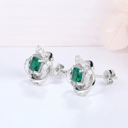 Vintage Sterling Silver Emerald & Diamond Stud Earrings