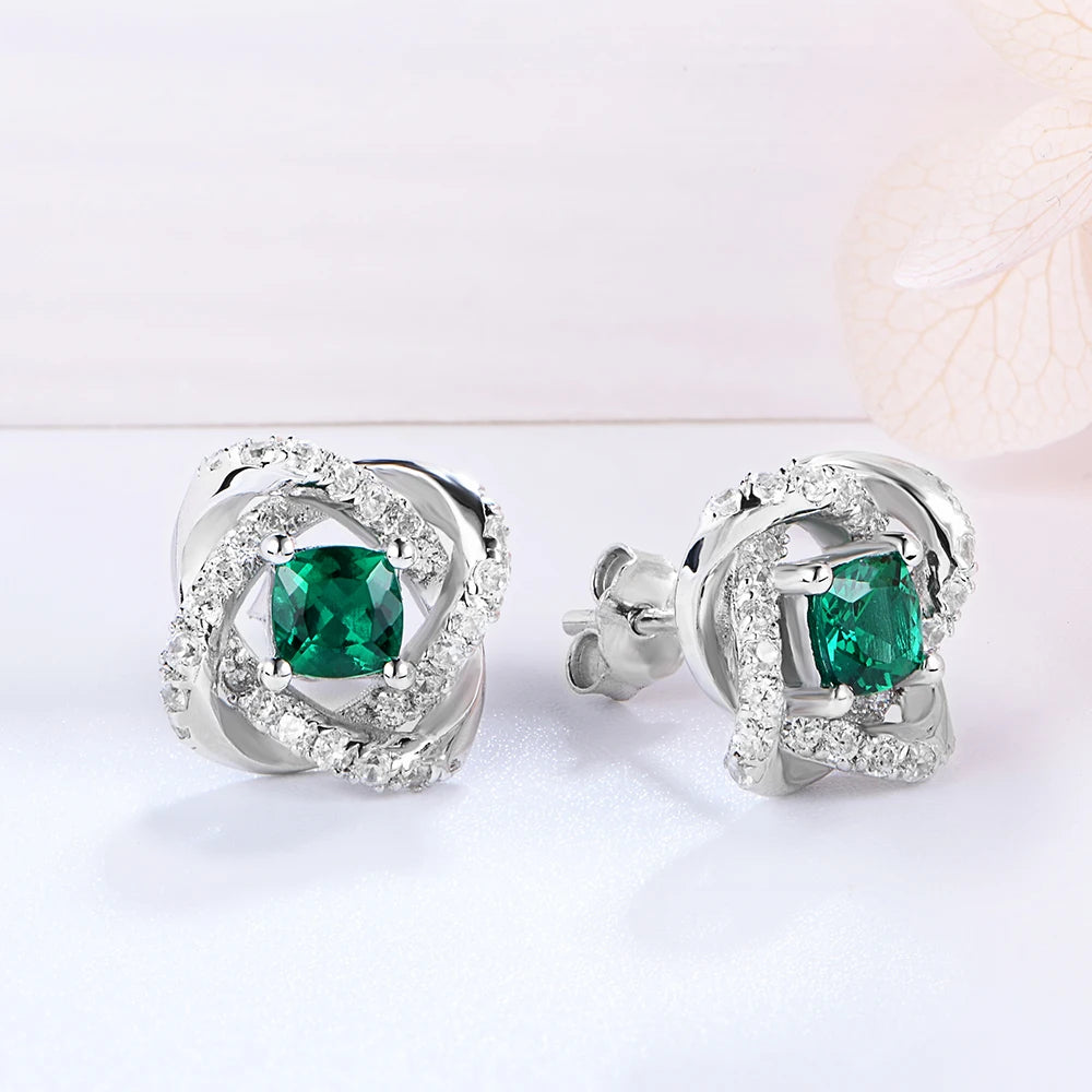 Vintage Sterling Silver Emerald & Diamond Stud Earrings