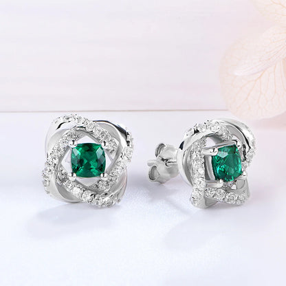 Vintage Sterling Silver Emerald & Diamond Stud Earrings