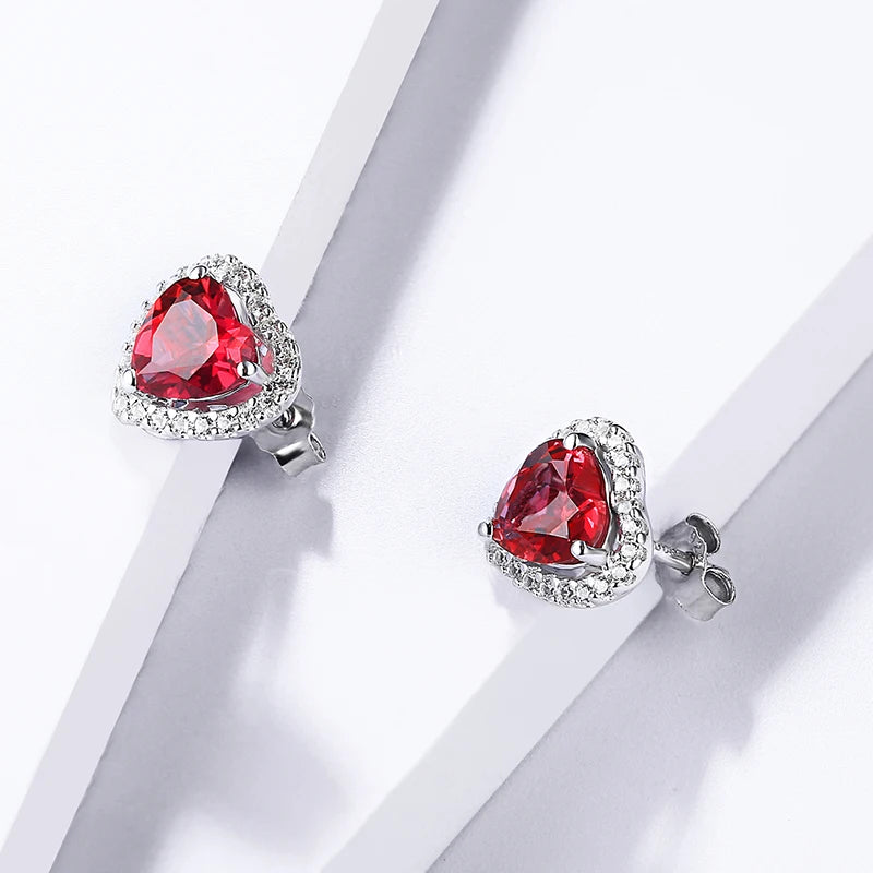 Sterling Silver Heart Ruby Stud Earrings