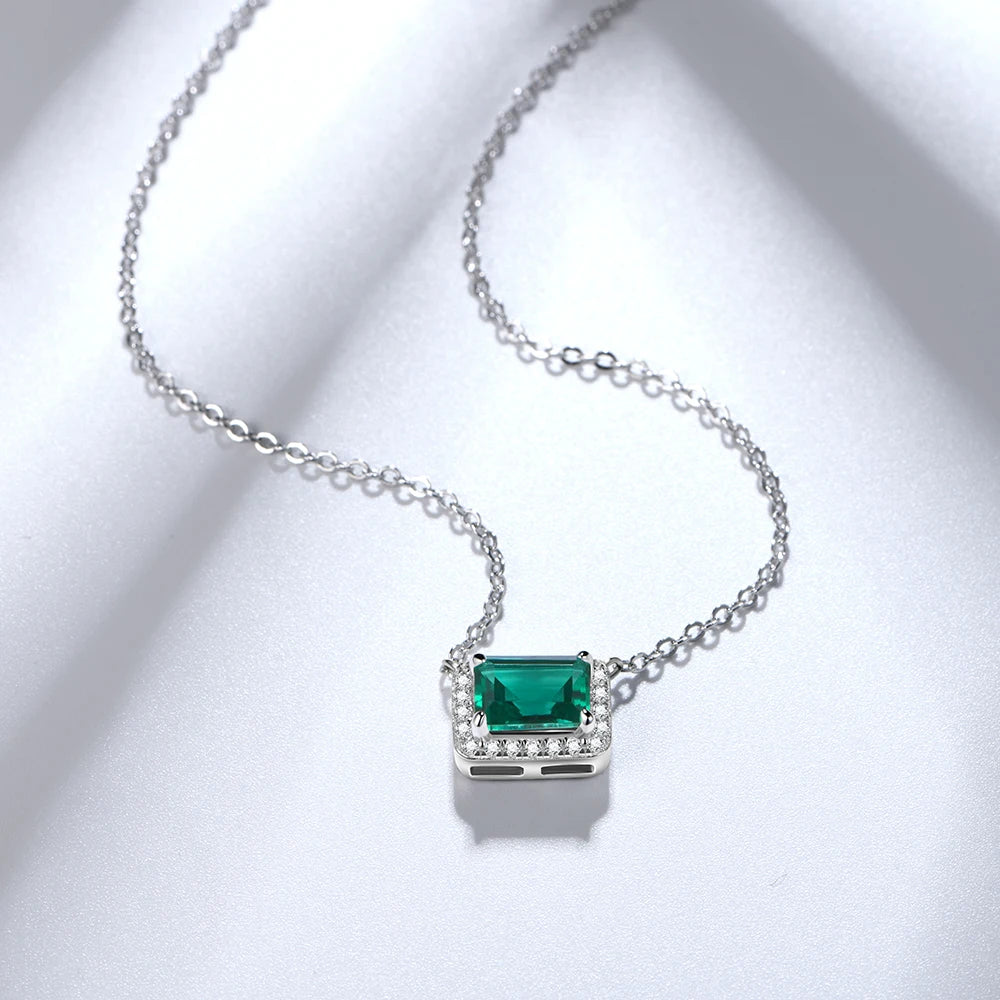 Sterling Silver Emerald-Cut Emerald & Moissanite Pendant Necklace
