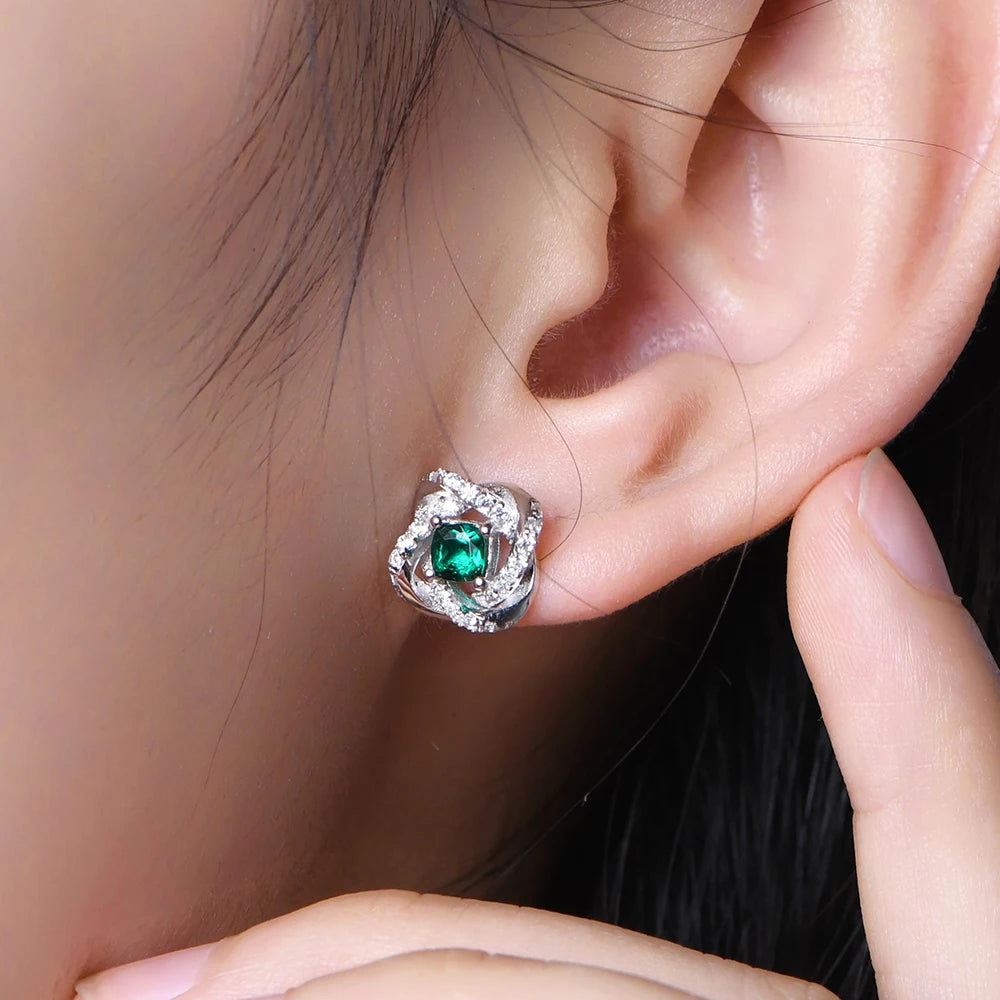 Vintage Sterling Silver Emerald & Diamond Stud Earrings