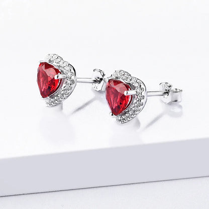 Sterling Silver Heart Ruby Stud Earrings