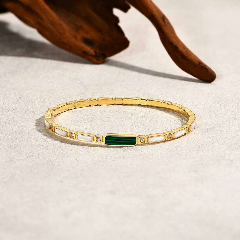 Sterling Silver Malachite & Moissanite Bangle Bracelet