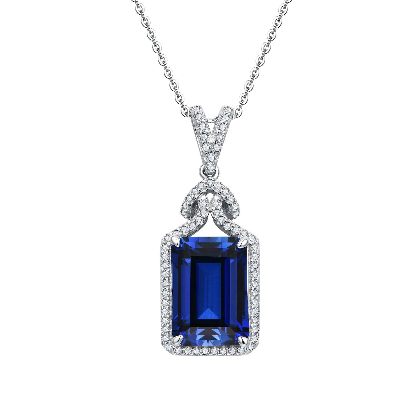 Sterling Silver Asscher Cut Blue Sapphire Necklace