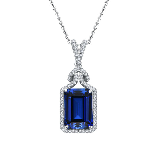 Sterling Silver Asscher Cut Blue Sapphire Necklace