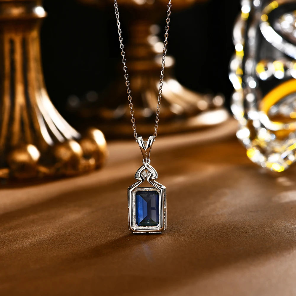 Sterling Silver Asscher Cut Blue Sapphire Necklace
