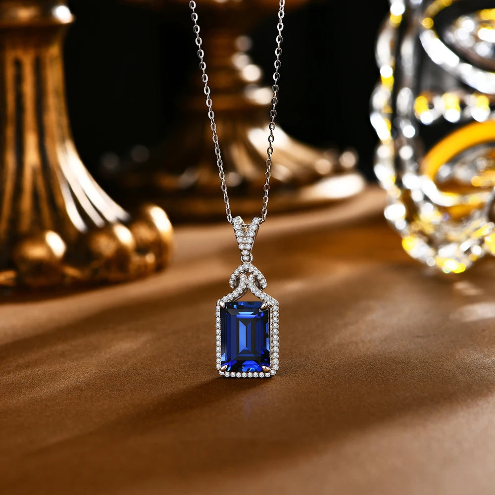 Sterling Silver Asscher Cut Blue Sapphire Necklace