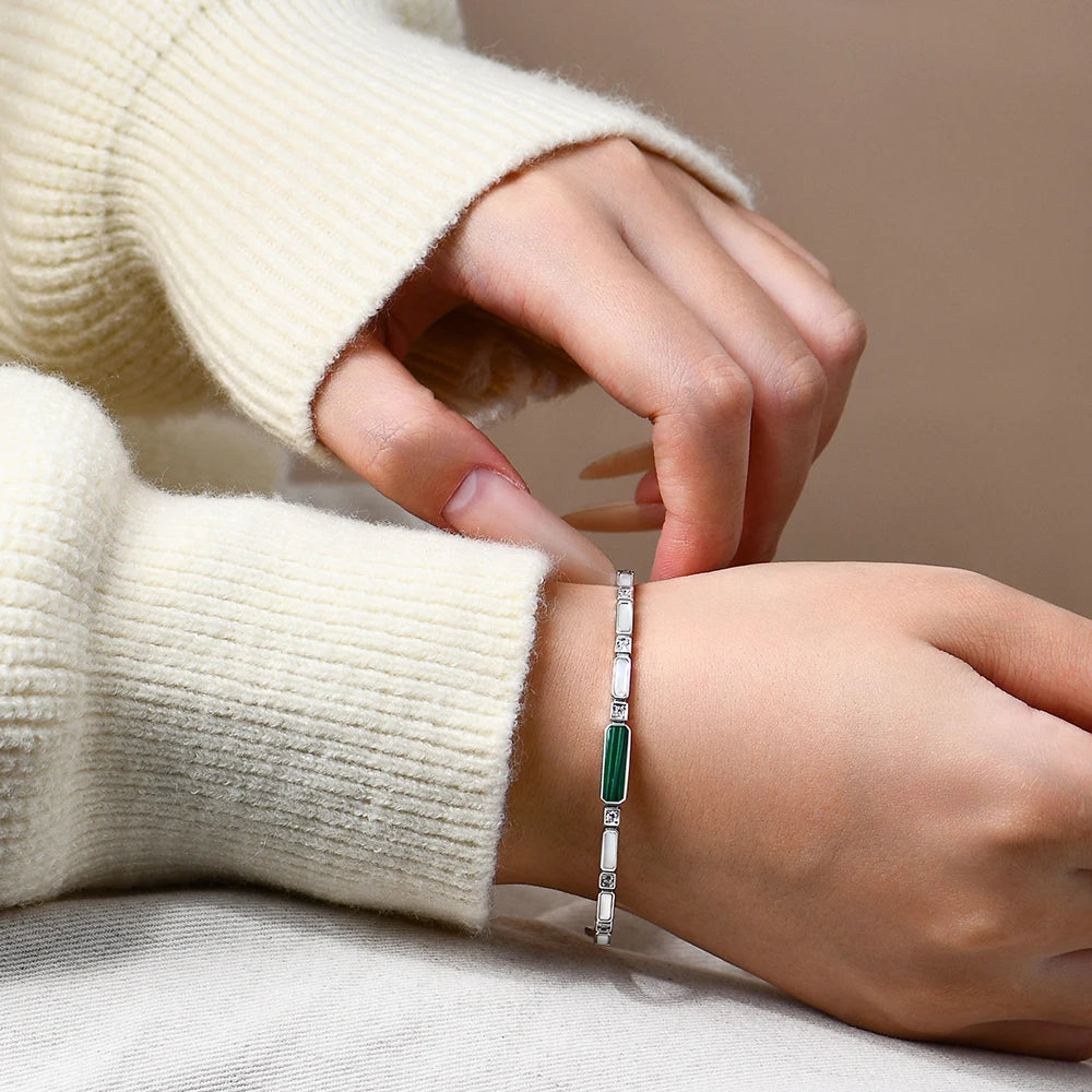 Sterling Silver Malachite & Moissanite Bangle Bracelet